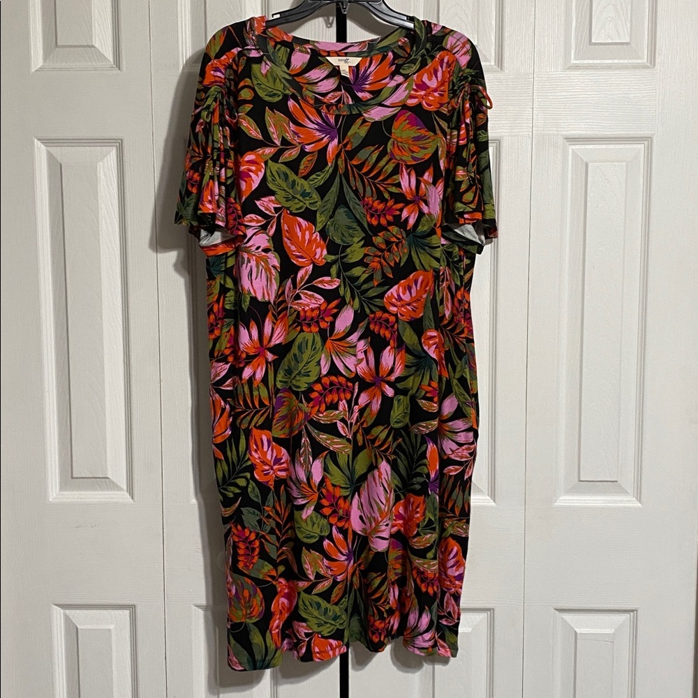 Terra & Sky Black Tropical Floral Midi Dress with Pink & Green Leaves
